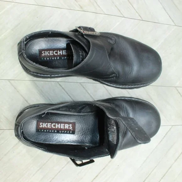 Skechers Black Leather Slip-on Round Toe Buckled Casual Shoes Size 7.5 - Picture 7 of 9
